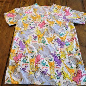 Dr Seuss Womans Scrub L Top Lot Animal Print Boat Goat Car Sam I Am Horton Hears